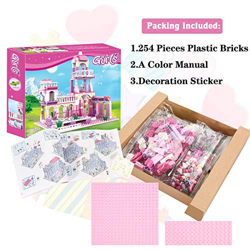 BRICK STORY, Girls Princess Castle Building Blocks Toys Building Kit with Palace King's Banquet Pink Bricks Toys 254 Pieces Construction Toy for Kids Age 6+