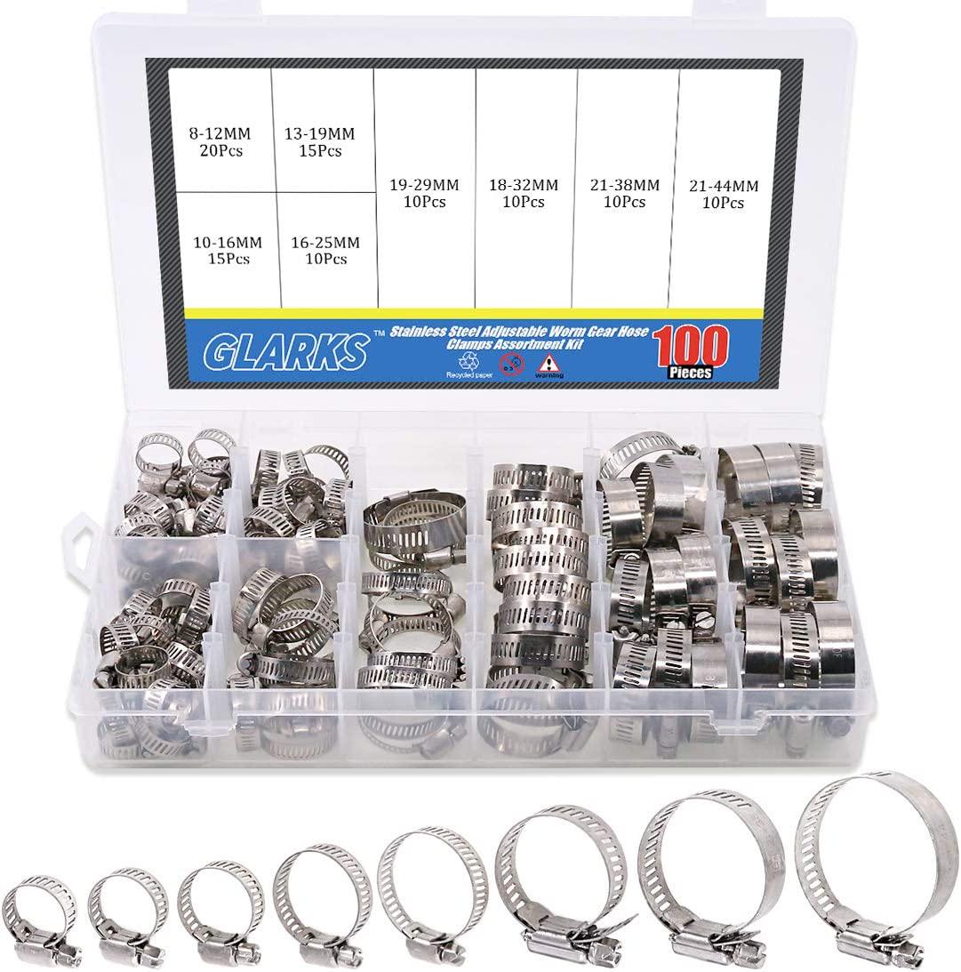 Glarks, Glarks 100Pcs Adjustable 8-44mm Range 304 Stainless Steel Worm Gear Hose Clamps Assortment Kit, Fuel Line Clamp for Water Pipe, Plumbing, Automotive and Mechanical Application (Hose Clamp Kit)