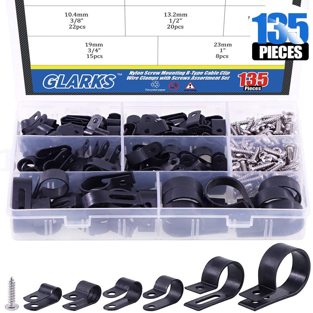 Glarks, Glarks 135Pcs 6 Sizes 1/4''-1'' Black Nylon Screw Mounting R-Type Cable Clip Wire Clamp with 132Pcs Screws for Wire, Cable, Conduit and Cable Conduit Kit (Black)