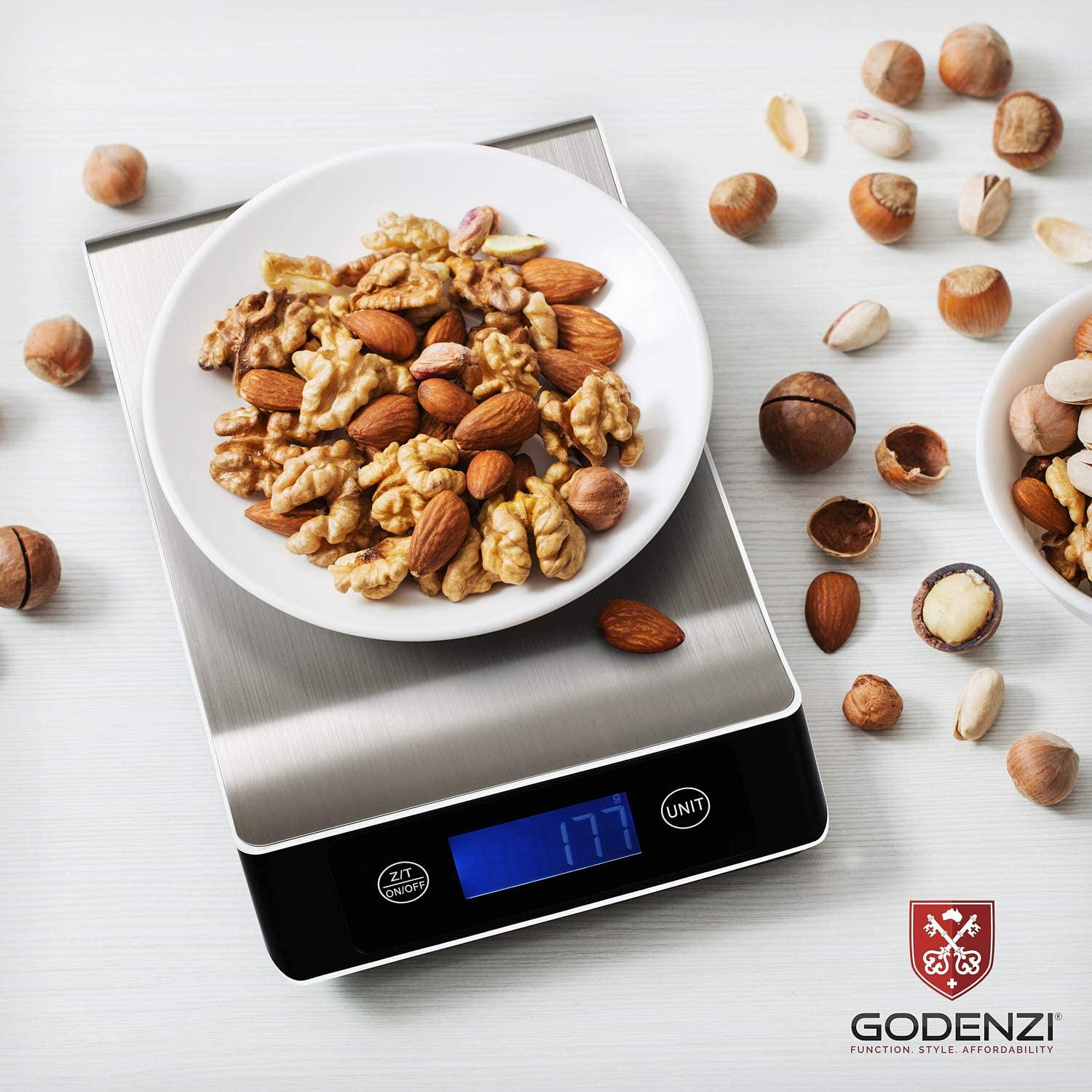 Godenzi, Godenzi Kitchen Scale, 10kg/1g, Large Weighing Area, Backlit Display, Tare, Stainless Steel, Recipe eBook and Batteries