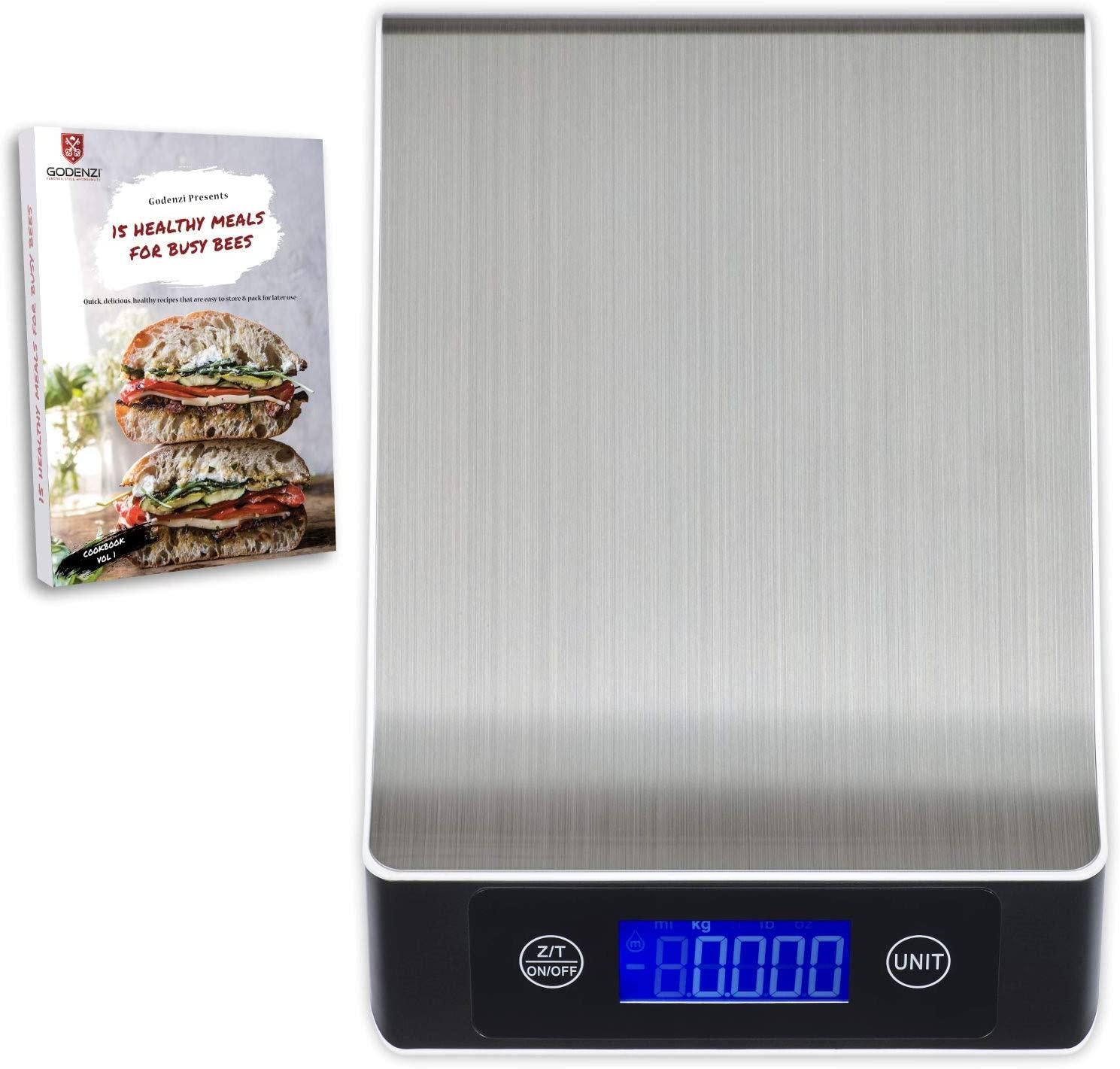 Godenzi, Godenzi Kitchen Scale, 10kg/1g, Large Weighing Area, Backlit Display, Tare, Stainless Steel, Recipe eBook and Batteries