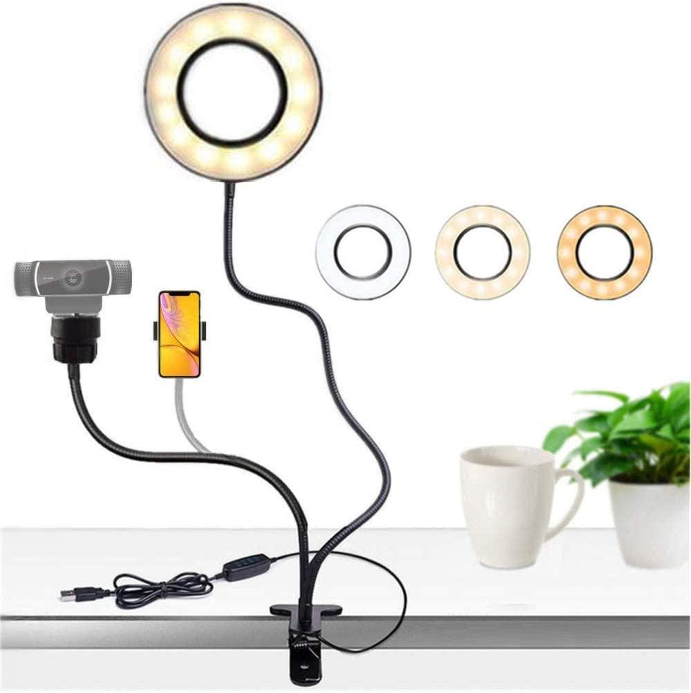 FEBHBRQ, Gooseneck Webcam Ring Light Stand for Teleworking, Live-Streaming, Office and Desk Lamp, Selfie Ring Light with Webcam Mount and Phone Holder for Logitech C925e, C922x, C930e,C922,C930,C920,C615,Brio 4K