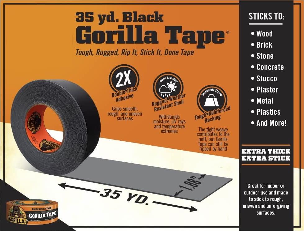 Gorilla, Gorilla 6003514 Duct Tape, 1.88 x 35 yd, Black, (Pack of 2)