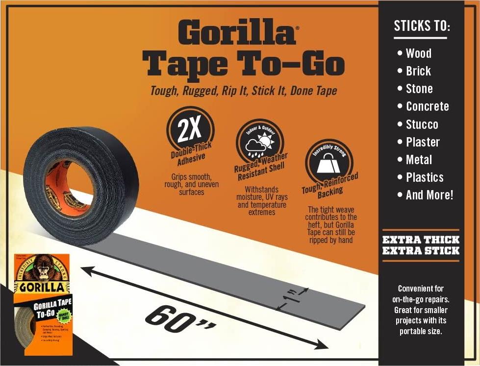 Gorilla, Gorilla 6100190 Tape, Mini Duct Tape to-Go, 1 x 10 yd Travel Size, Black, (Pack of 6)