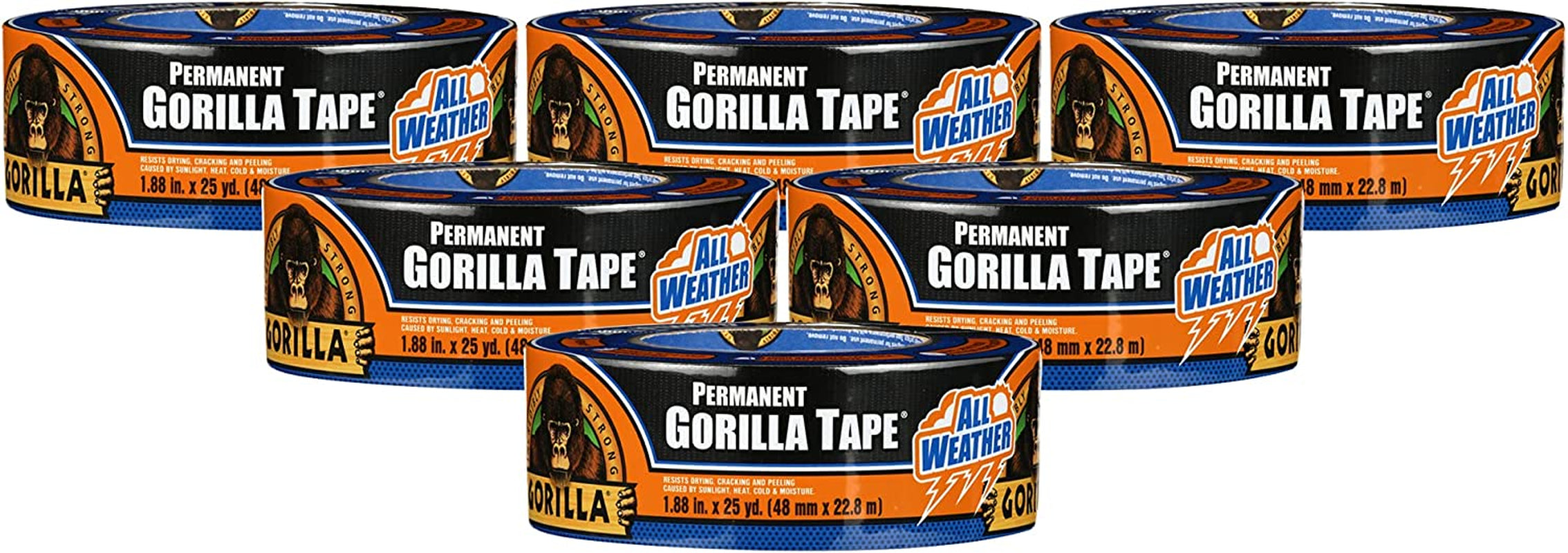 Gorilla, Gorilla All Weather Outdoor Waterproof Duct Tape, UV and Temperature Resistant, 1.88" X 25 Yd, Black, (Pack of 6)