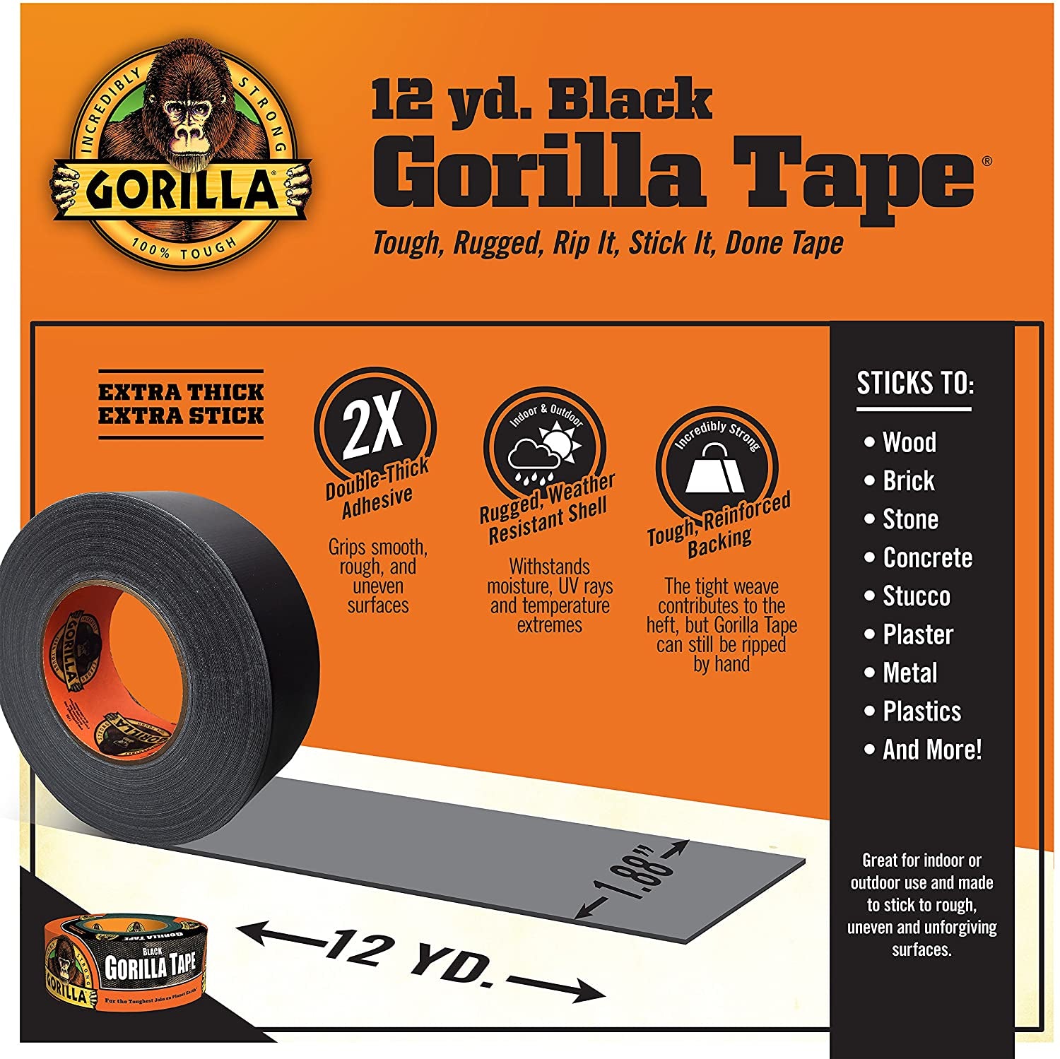 Gorilla, Gorilla Black Duct Tape, 1.88" X 12 Yd, Black, (Pack of 2)
