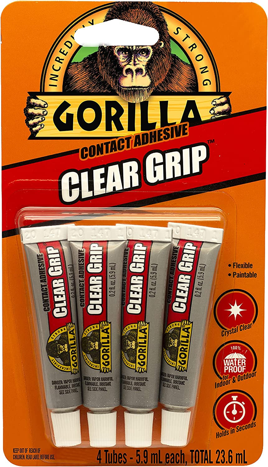 Gorilla, Gorilla Clear Grip Contact Adhesive Minis, Flexible, Fast-Setting, Permanent Bond, Waterproof, Indoor & Outdoor, Paintable, 4-5.9Ml Tubes, Clear, (Pack of 1), GG102057