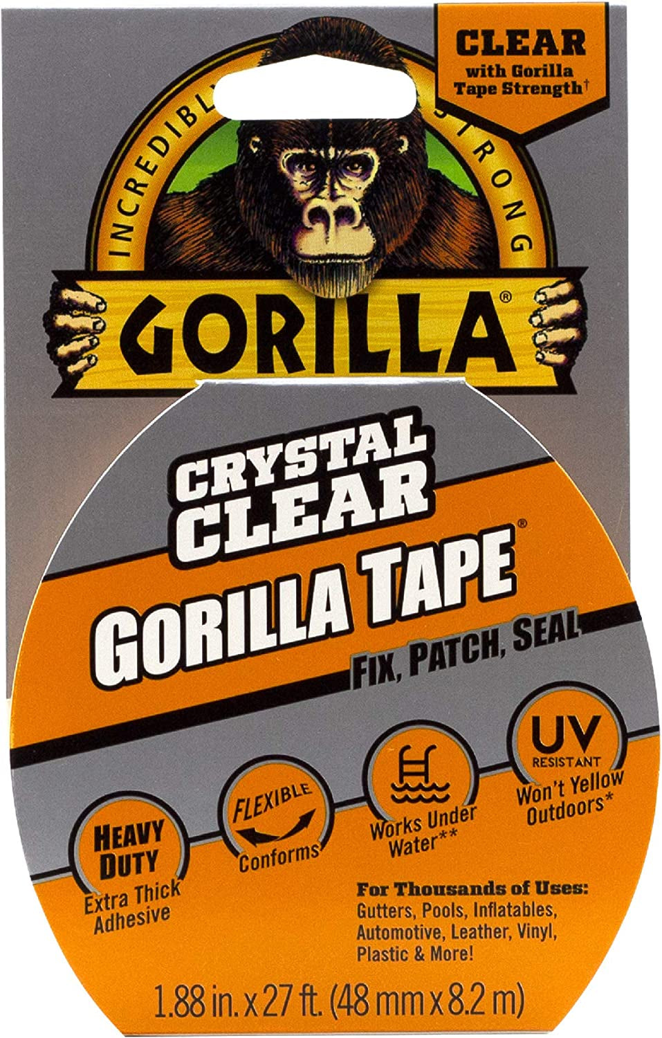 Gorilla, Gorilla Crystal Clear Tape, Duct, Utility, Non-Yellowing, Heavy Duty, Extra Thick Adhesive, Flexible, UV Temperature Resistant, 48Mm X 8.2M, (Pack of 1), GG60270