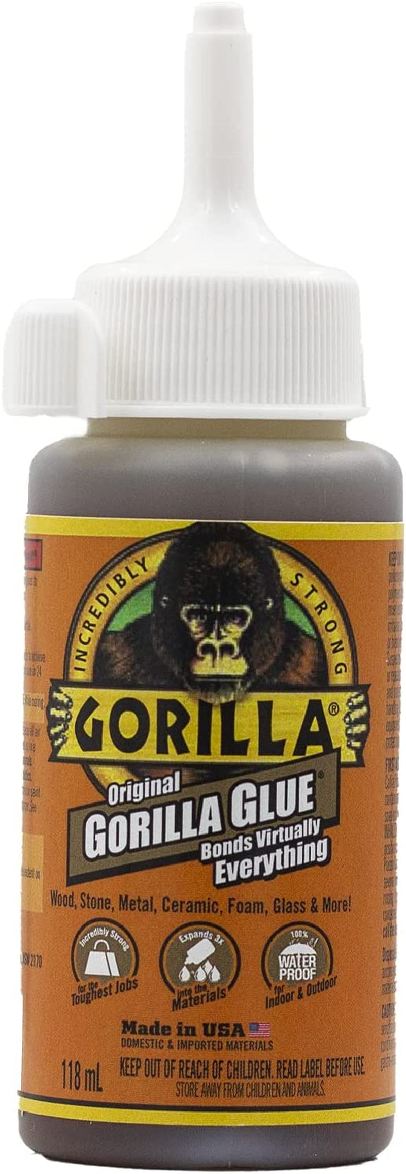 Gorilla, Gorilla Glue Original, 100% Waterproof, Indoor & Outdoor, Polyurethane Glue, Versatile Bonding Adhesive, Easy Application Nozzle, 118Ml/4Oz (Pack of 1), GG41002, Tan