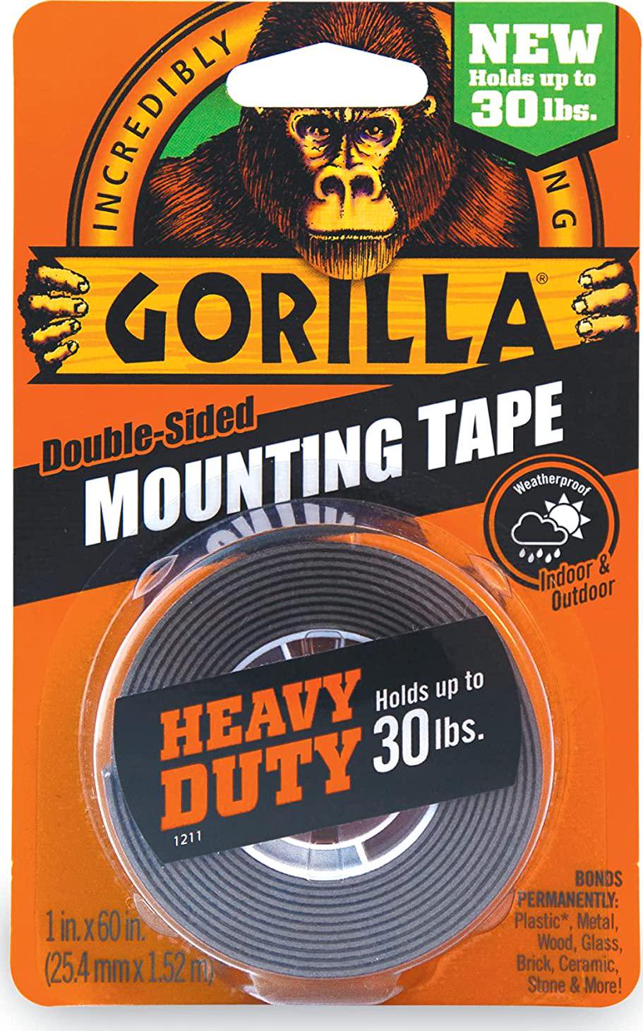 Gorilla, Gorilla Heavy Duty Double Sided Mounting Tape, Hanging, Instant 13.6kg Strong Hold, Permanent Bond, Weatherproof, 25.4mm x 1.52m, Black, (Pack of 1), GG41027