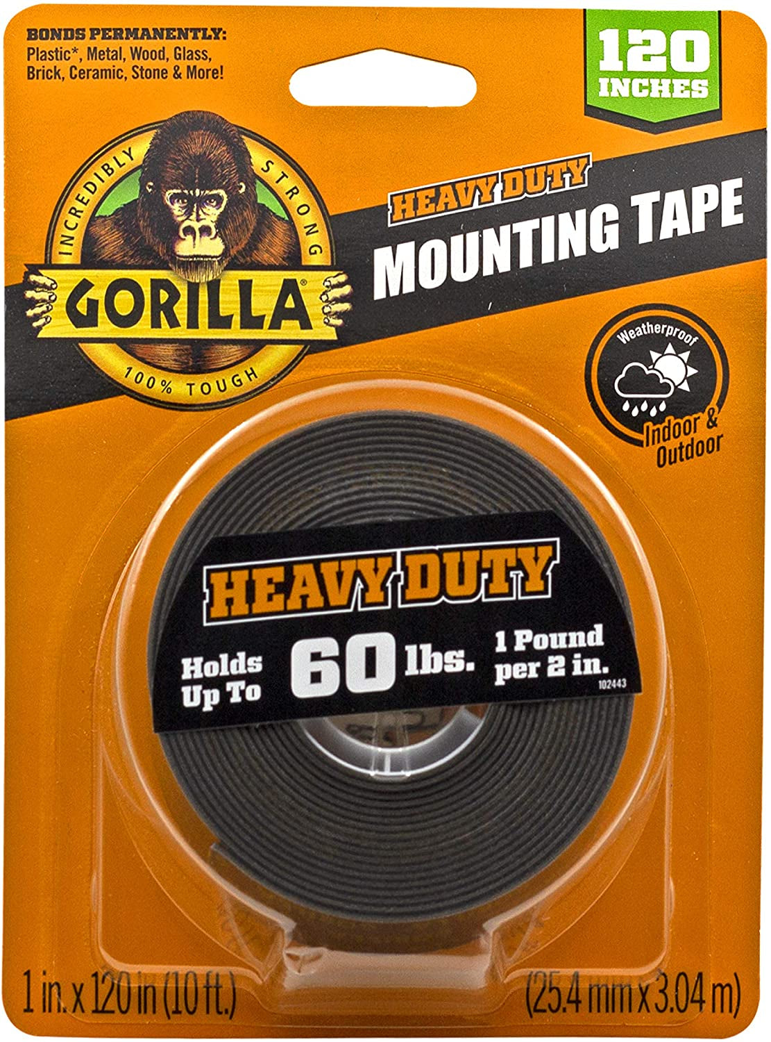 Gorilla, Gorilla Heavy Duty, Extra Long Double Sided Mounting Tape, 1" X 120", Black, (Pack of 1)