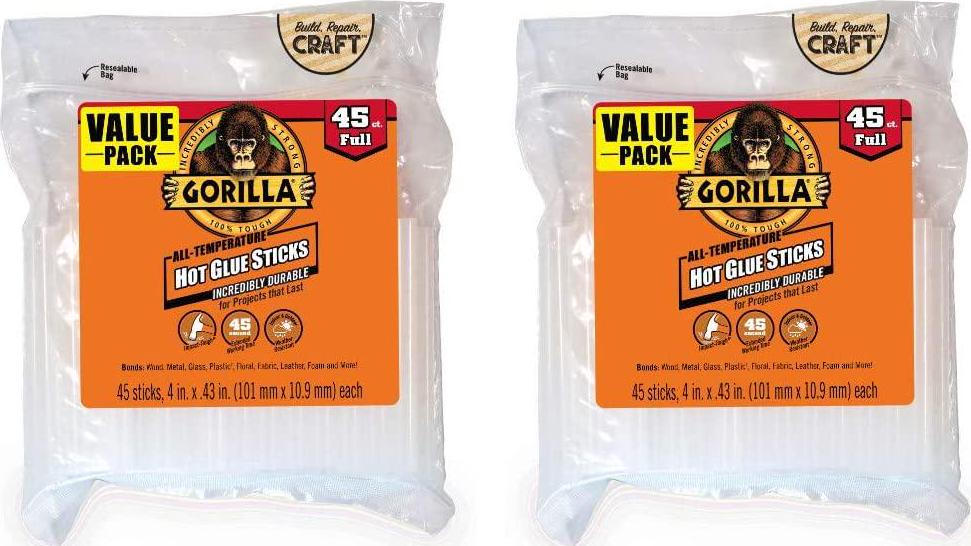 Gorilla, Gorilla Hot Glue Sticks, Full Size, 4 Long x .43 Diameter, 45 Count, Clear, (Pack of 2)