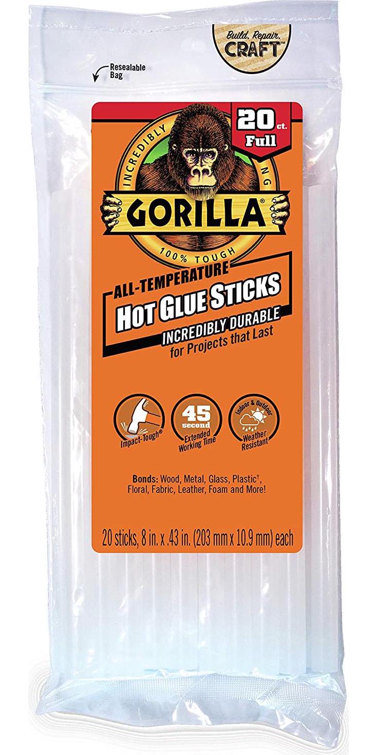 Gorilla, Gorilla Hot Glue Sticks, Full Size, 8 Long x .43 Diameter, 20 Count, Clear, (Pack of 1)