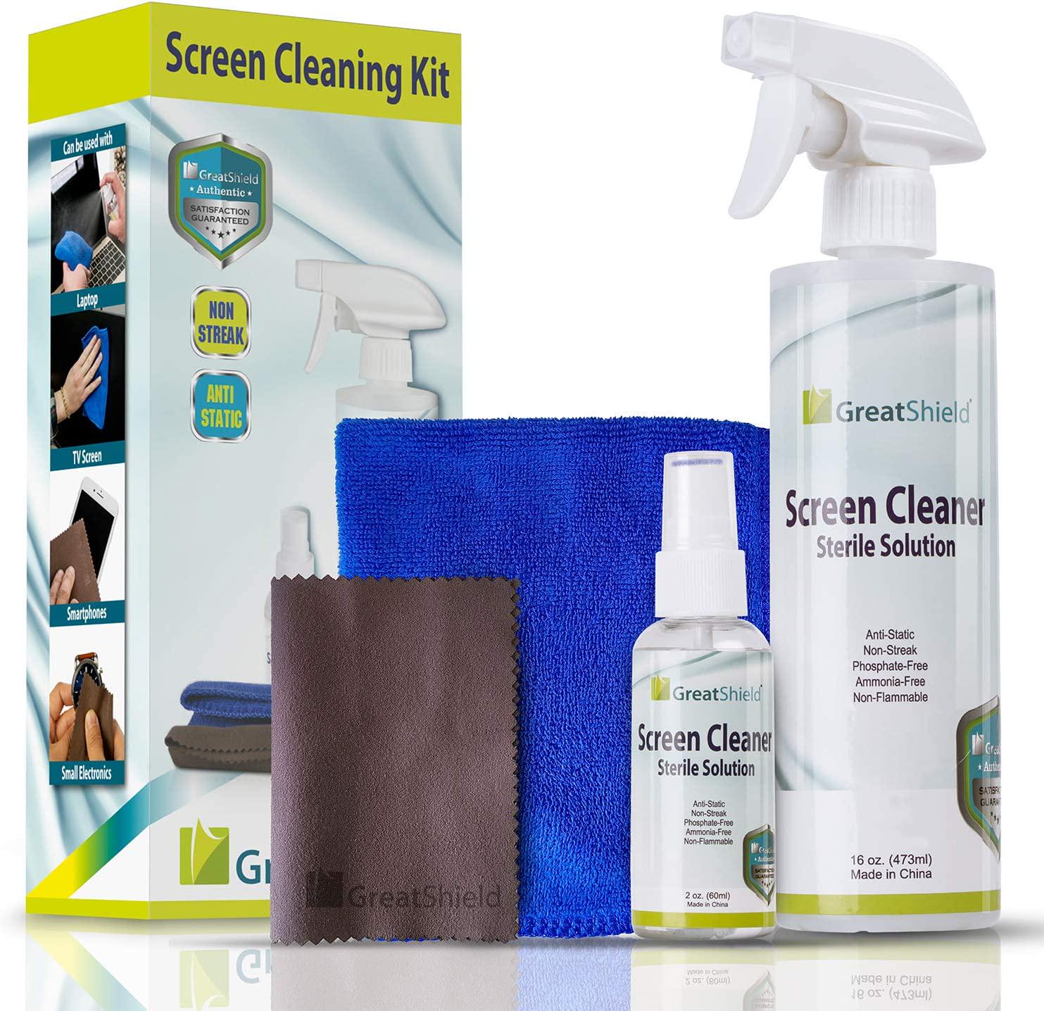 GreatShield, GreatShield Screen Cleaning Kit with Microfiber Cloth, (2oz and 16oz) Spray Cleaner Solution for Laptops, PC Monitors, Smartphones, Tablet, LED, LCD Touchscreen, TV, DSLR Camera, Camcorder