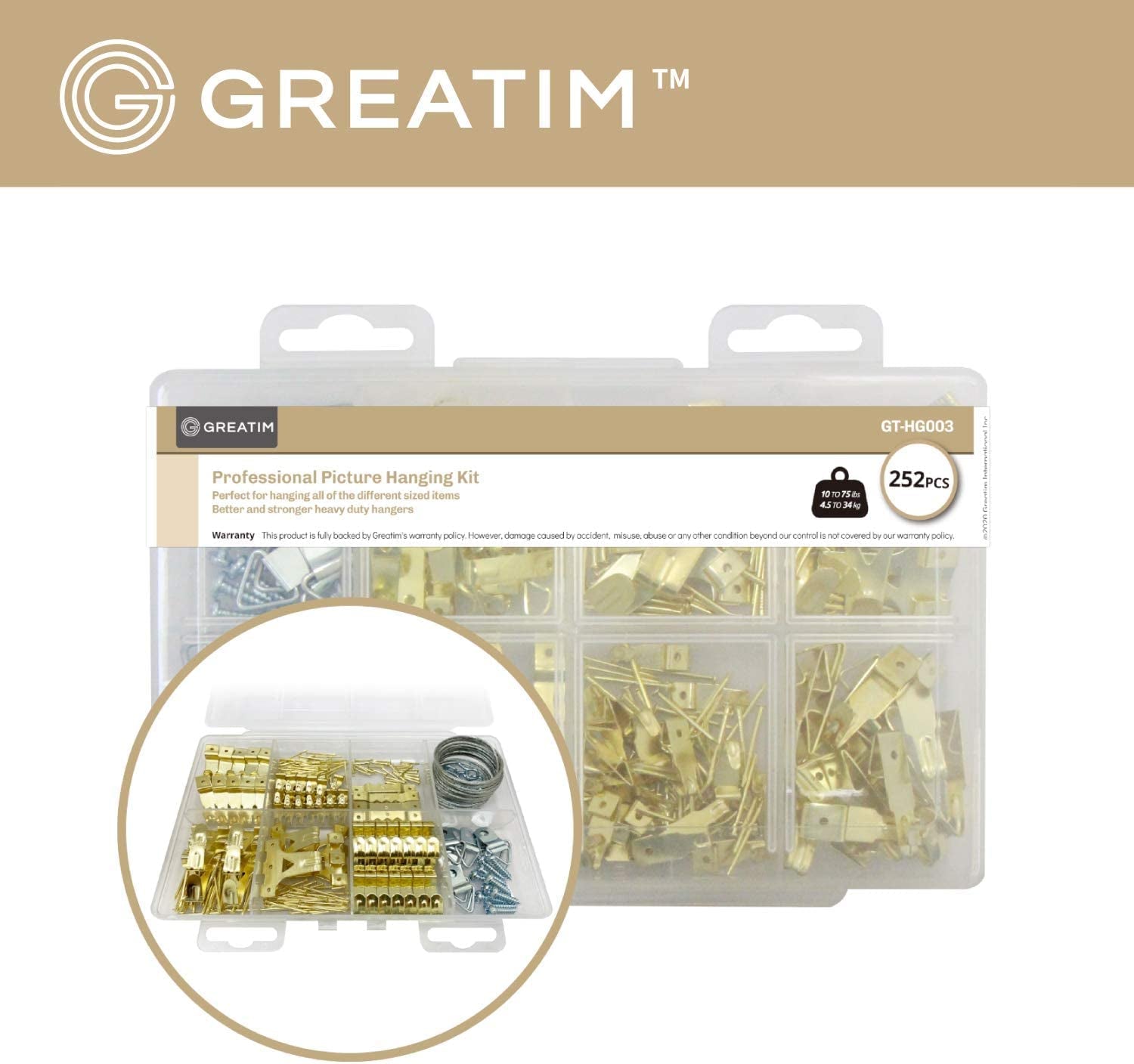 G GREATIM, Greatim GT-HG003 Heavy Duty Hanging Kit, Picture Hangers, Picture Hanging Wire, 252Pcs, Supports 10 to 75 Lbs