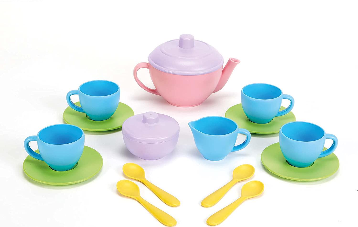Green Toys, Green Toys TEA01R Tea Set,Pink/Yellow, 15 Pieces
