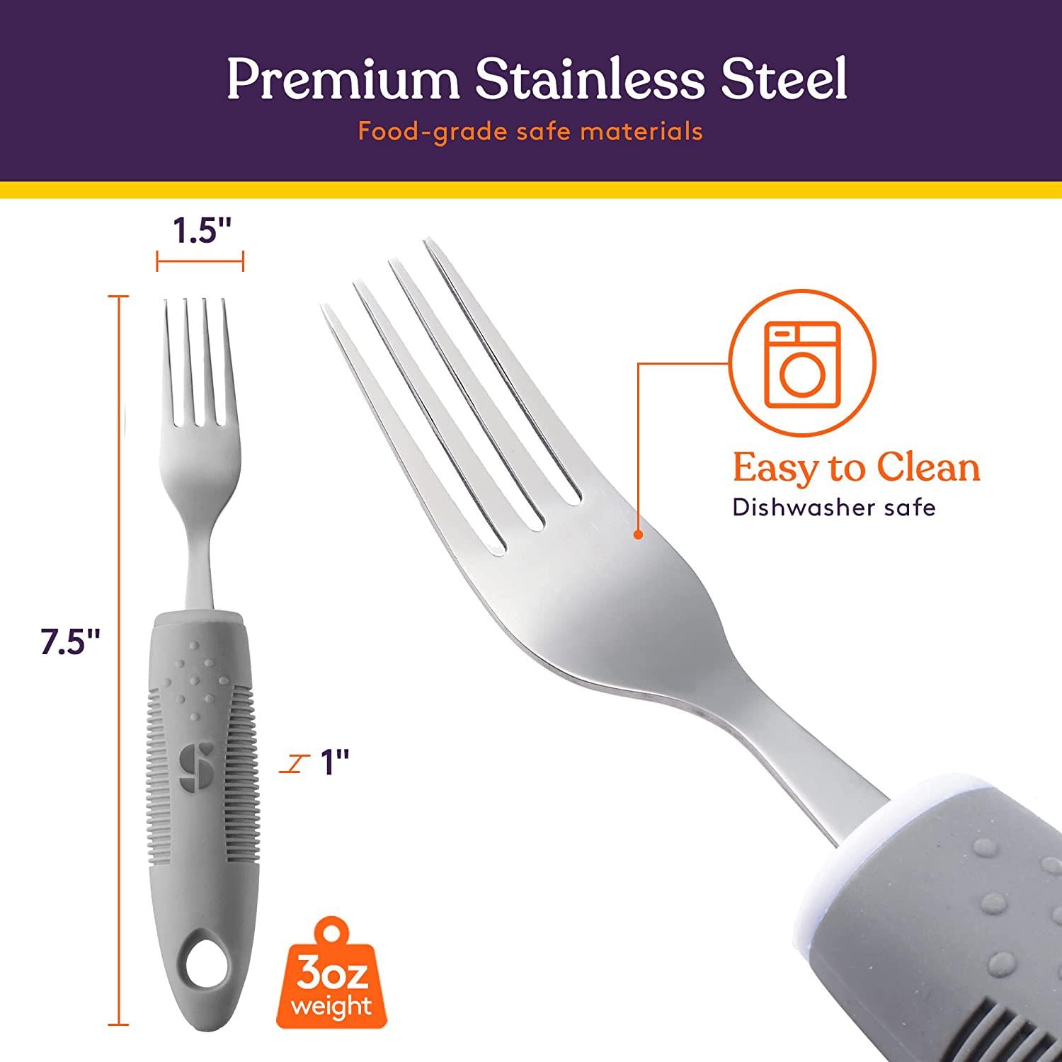 Special Supplies, (Grey) - Adaptive Utensils (4-Piece Kitchen Set) Wide, Non-Weighted, Non-Slip Handles for Hand Tremors, Arthritis, Parkinson's or Elderly use Stainless Steel Knife, Fork, Spoons - Grey
