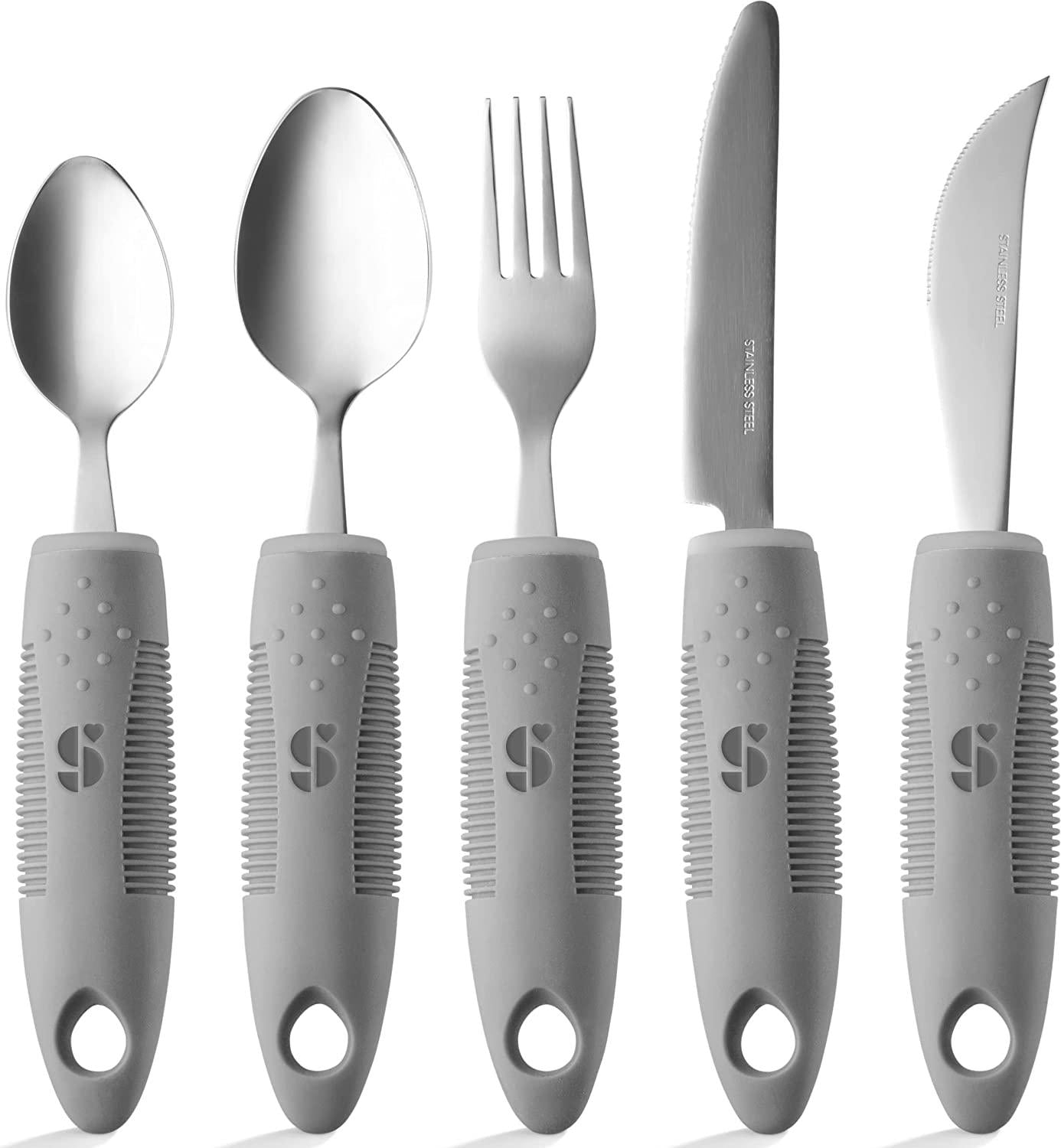 Special Supplies, (Grey) - Adaptive Utensils (4-Piece Kitchen Set) Wide, Non-Weighted, Non-Slip Handles for Hand Tremors, Arthritis, Parkinson's or Elderly use Stainless Steel Knife, Fork, Spoons - Grey