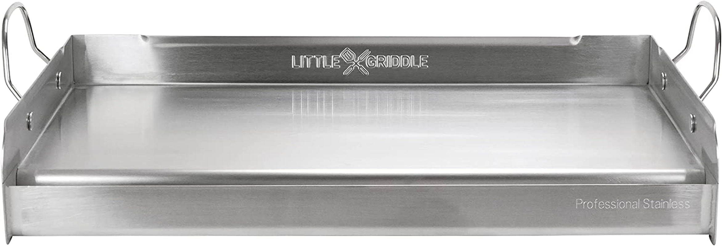Little Griddle, Griddle-Q GQ230 100% Stainless Steel Professional Quality Griddle with Even Heat Cross Bracing and Removable Handles for Charcoal/Gas Grills, Camping, Tailgating, and Parties (25"X16"X6.5")