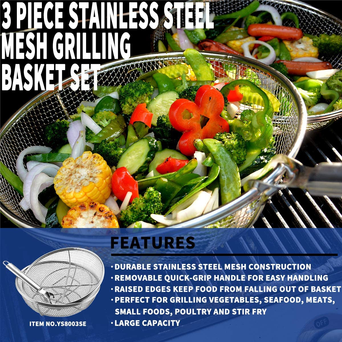 Extreme Salmon, Grill Basket, Grill Accessories Set Heavy Duty Barbecue Grilling Basket Vegetables Stainless Steel Veggies Grill Topper Cookware with Handles Charcoal Gas Outdoor Grill Cooking