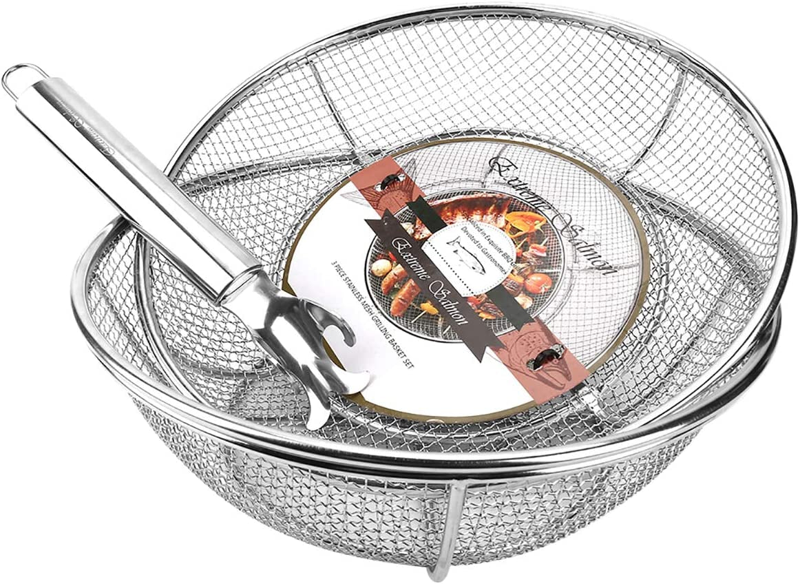 Extreme Salmon, Grill Basket, Grill Accessories Set Heavy Duty Barbecue Grilling Basket Vegetables Stainless Steel Veggies Grill Topper Cookware with Handles Charcoal Gas Outdoor Grill Cooking