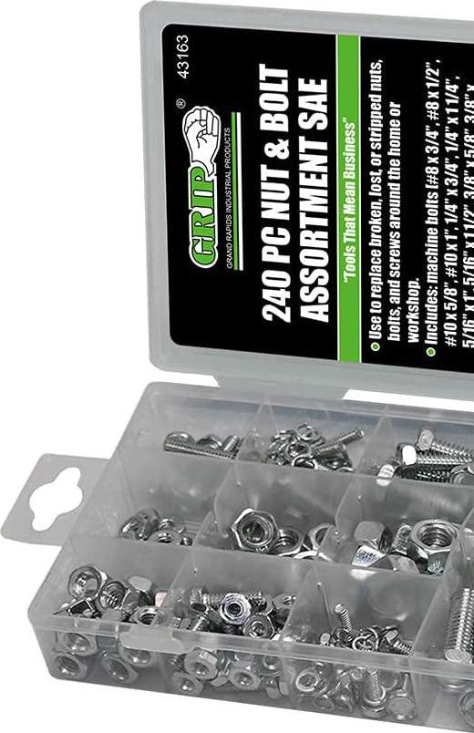 Grip, Grip 240 pc Nut and Bolt Assortment SAE, Silver - 43163