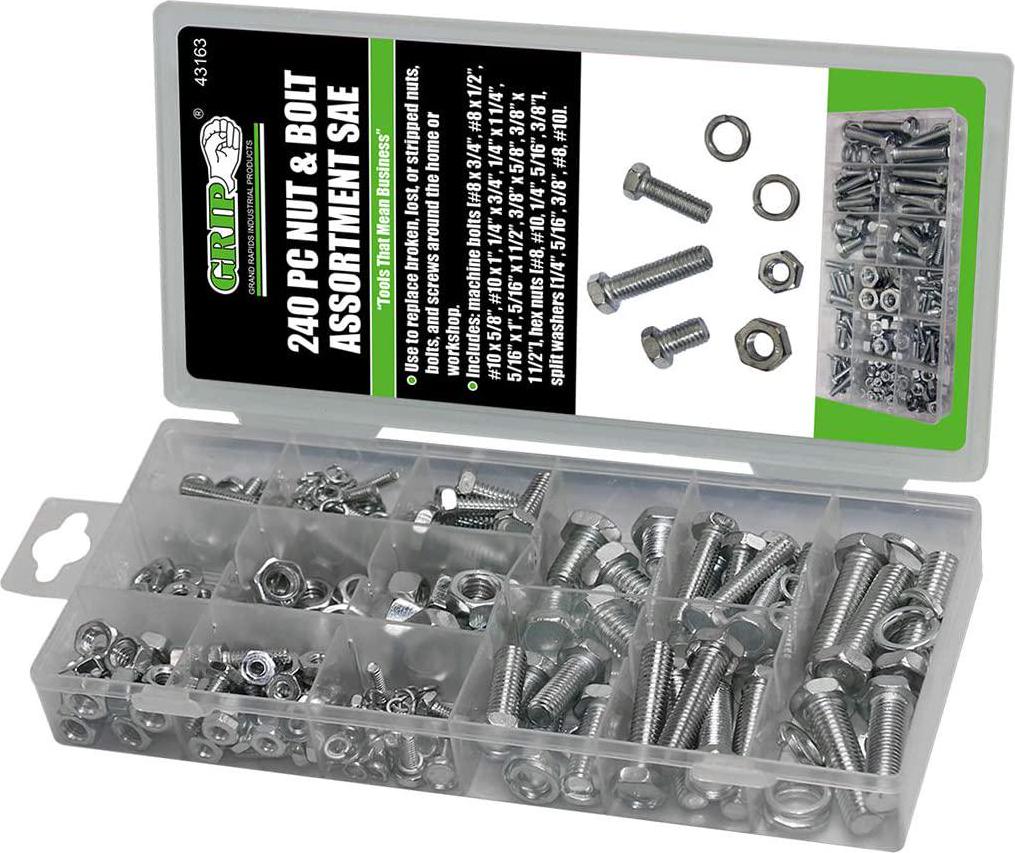 Grip, Grip 240 pc Nut and Bolt Assortment SAE, Silver - 43163