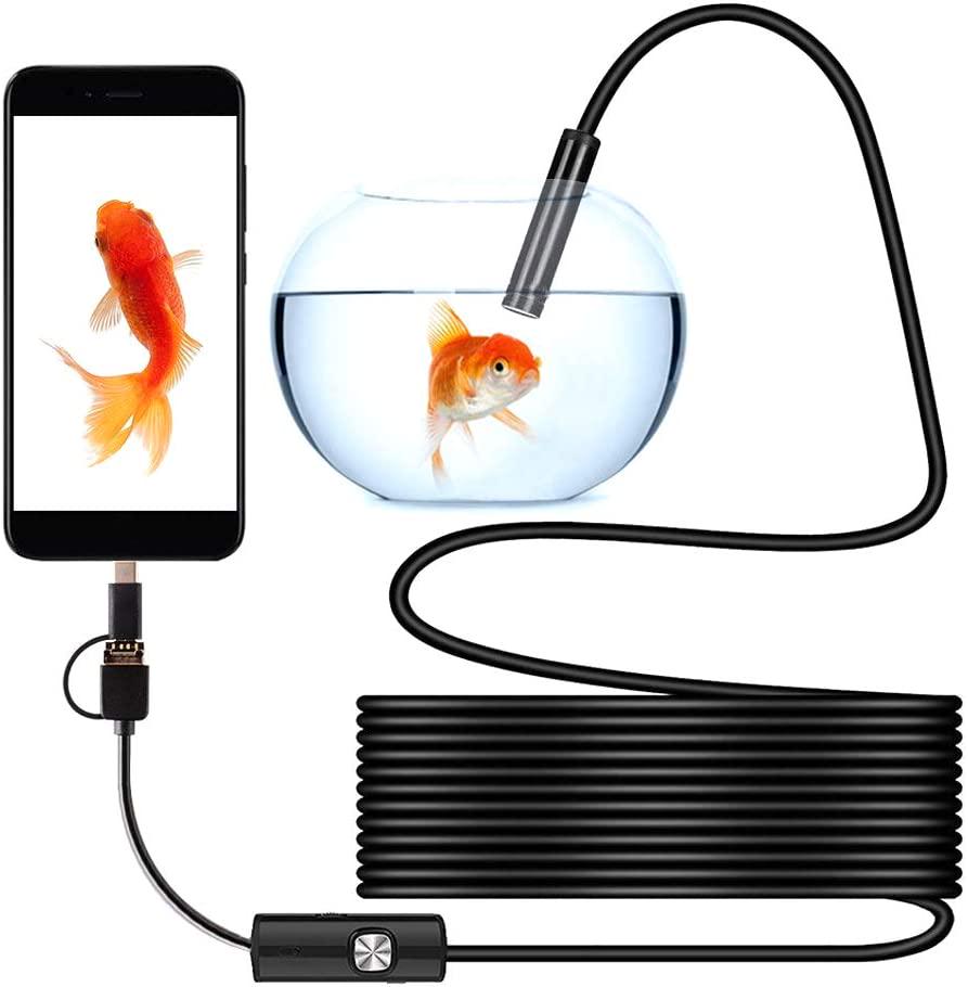 elfishau, elfishau 3 in1 USB Endoscope Inspection Camera 5.5 mm IP67 Waterproof 1200P HD Camera Borescope with 6 Adjustable LED Lights and Snake Cable for Android iOS Smartphone / PC/Laptop/Computer (2M)