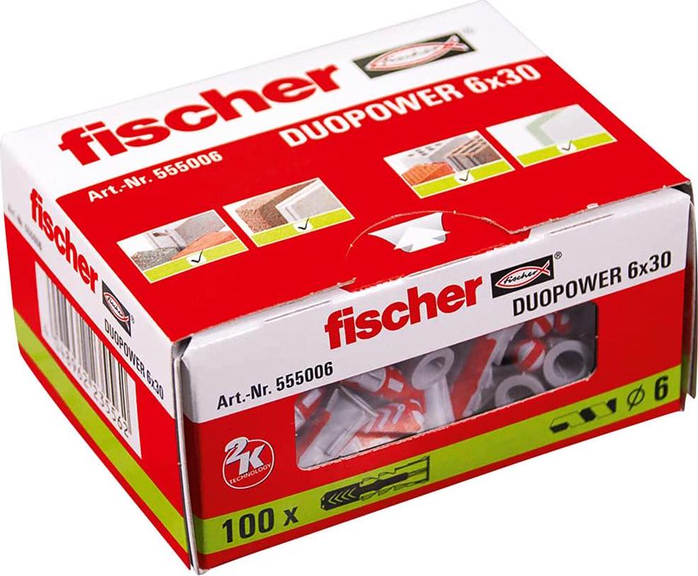 fischer, fischer 555006 DUOPOWER Wall Plug, Red/Grey, 6x30, Set of 100 Pieces