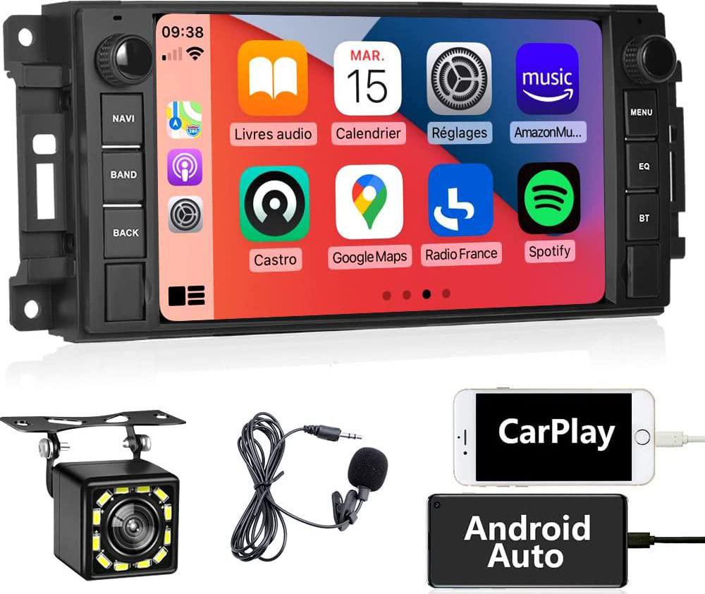 podofo, for Jeep Wrangler Dodge Chevrolet RAM 1500 Car Radio Double Din Android Car Stereo with Wireless Apple CarPlay, 7 Touchscreen Radio with WiFi, GPS, RDS/FM Radio, Bluetooth + Backup Camera and Mic