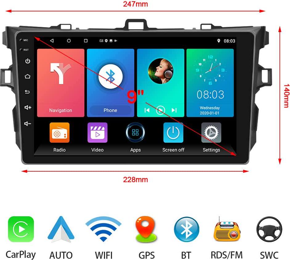 podofo, for Toyota Corolla 2006-2012 Android Double Din Car Stereo Radio with Wireless Apple CarPlay, 9 Inch Touchscreen Radio with Android Auto, WiFi, GPS, RDS/FM, Bluetooth + Backup Camera and Microphone